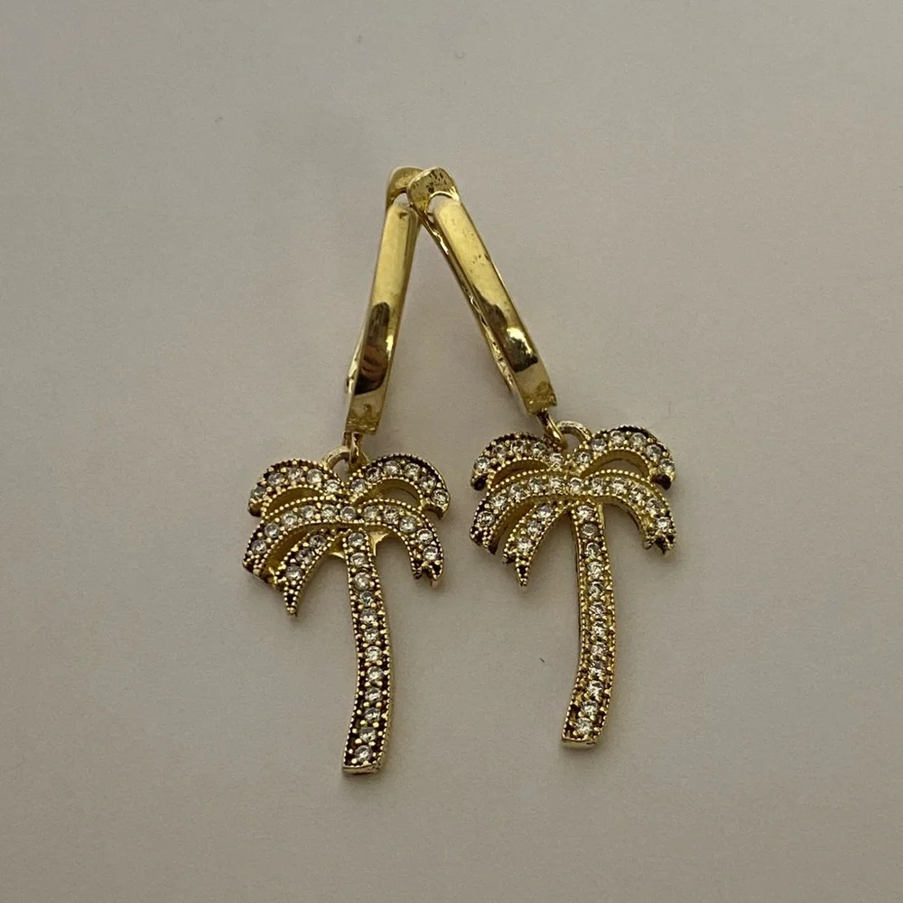 🌴925 Silver palm tree cz dangling hoop earrings 18k yellow gold plated